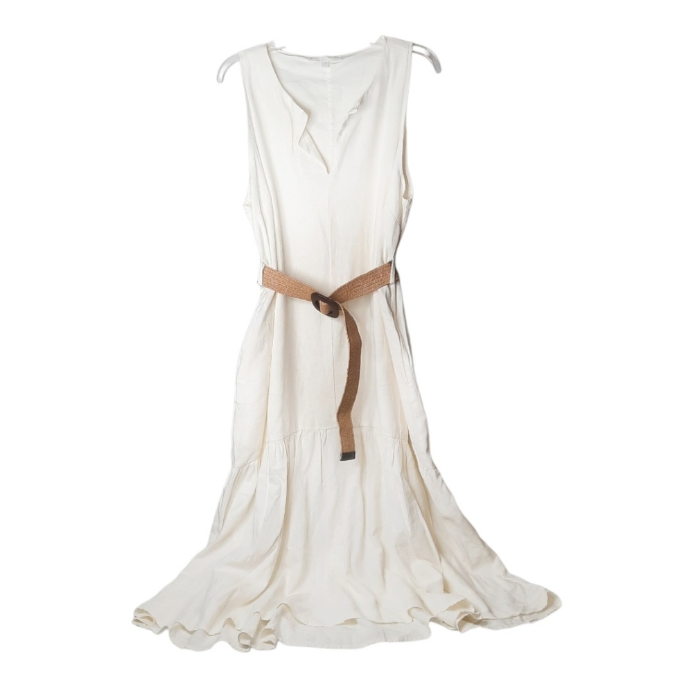 ADYSON PARKER Easy Tier Linen Dress Split Neck Cream Cottage Boho Prep XL 12 14 - Picture 3 of 10